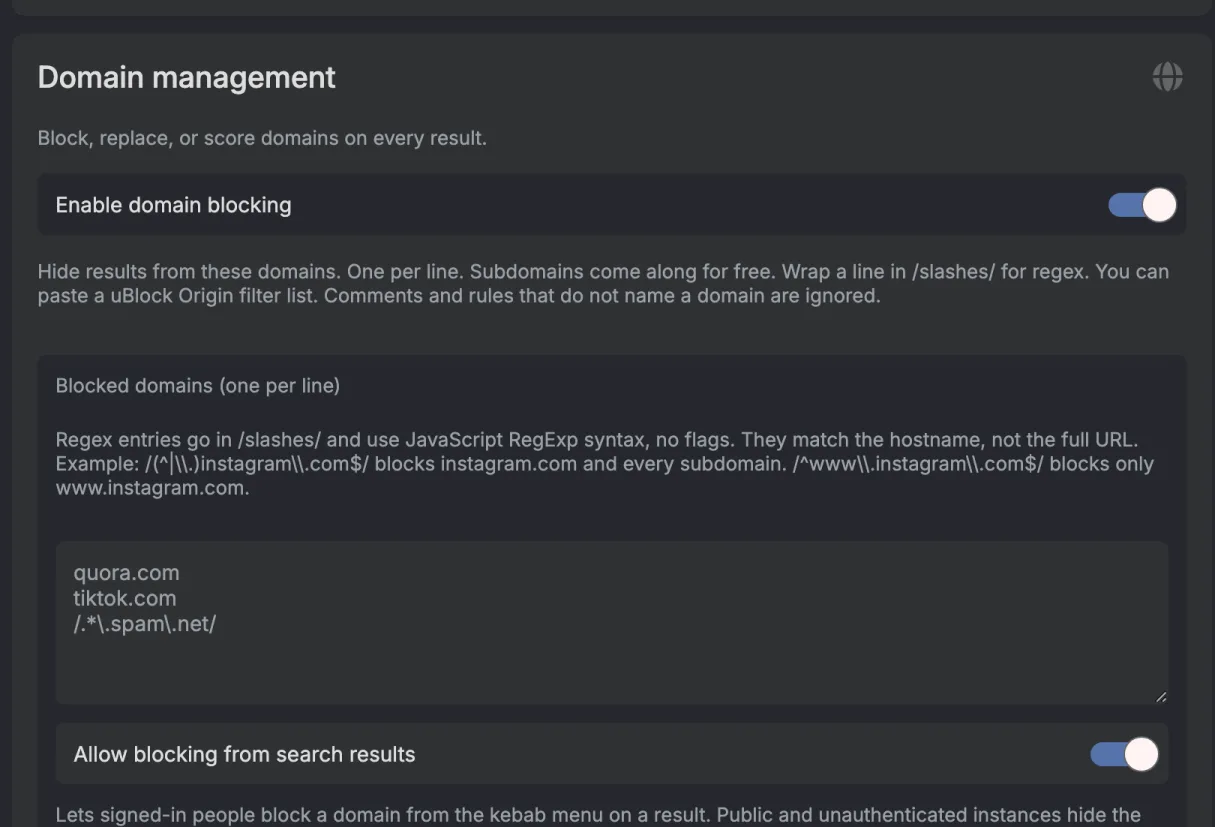 The Domain management section. Enable domain blocking is switched on. Below it is the Blocked domains box with grey example text quora.com, tiktok.com and a regex, and Allow blocking from search results is switched on.