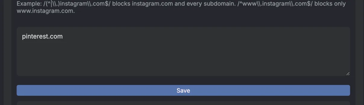 The Blocked domains box with pinterest.com typed in it and a wide blue Save button right under the box.