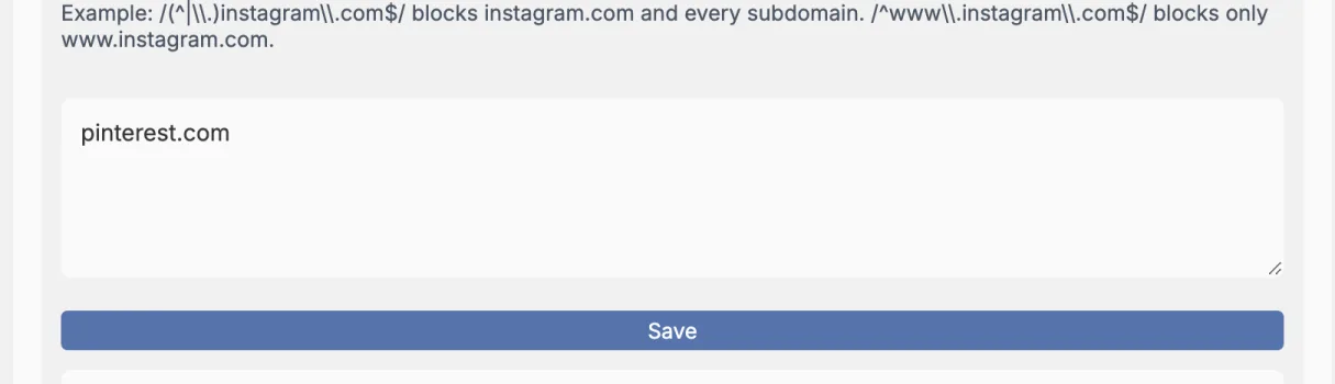 The Blocked domains box with pinterest.com typed in it and a wide blue Save button right under the box.