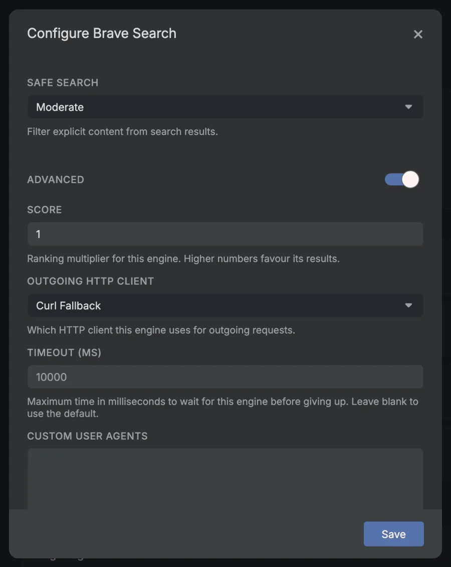 The Configure Brave Search window with Advanced switched on. It shows Score set to 1, Outgoing HTTP client set to Curl Fallback, Timeout set to 10000 and an empty Custom user agents box, with a Save button at the bottom.