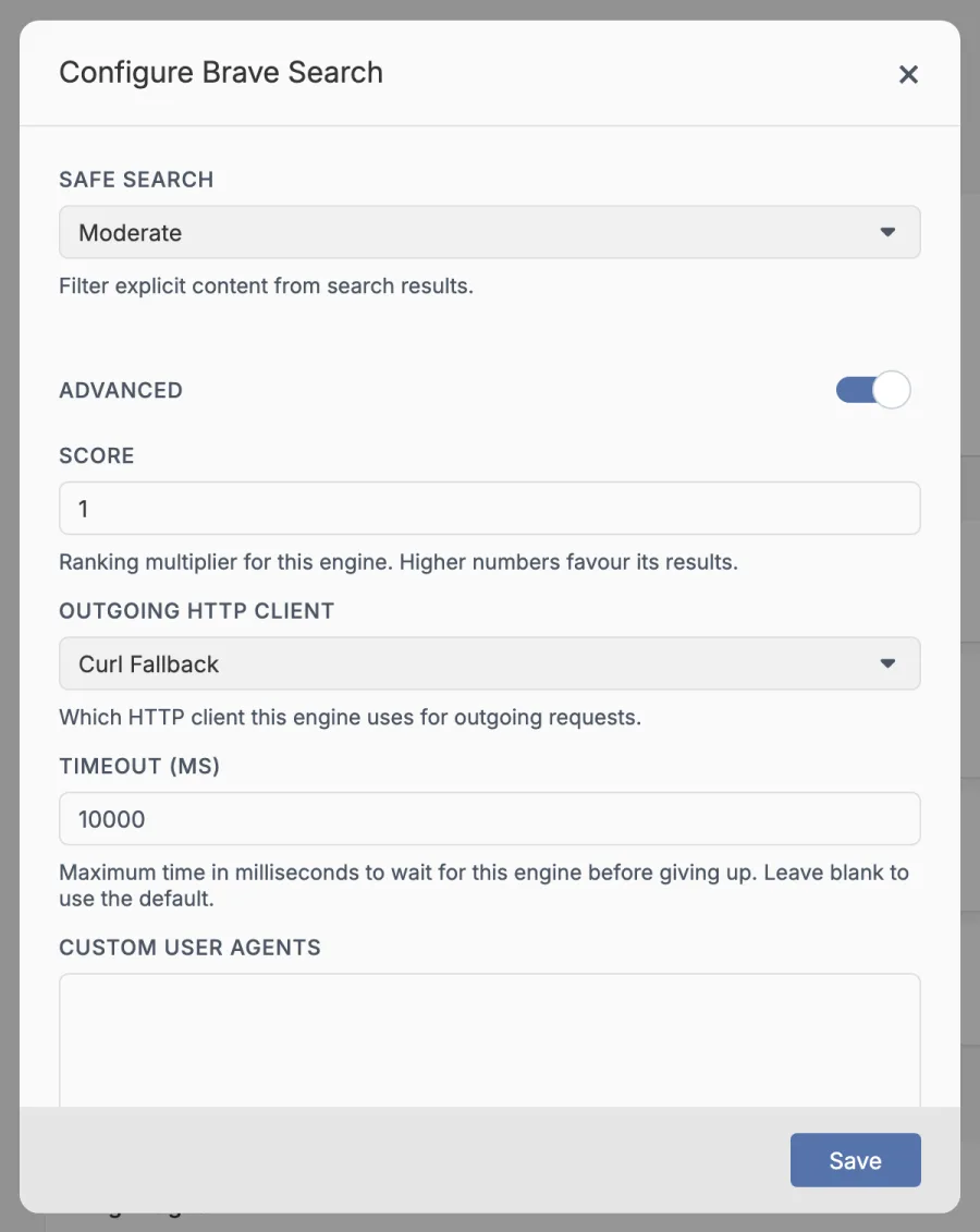 The Configure Brave Search window with Advanced switched on. It shows Score set to 1, Outgoing HTTP client set to Curl Fallback, Timeout set to 10000 and an empty Custom user agents box, with a Save button at the bottom.