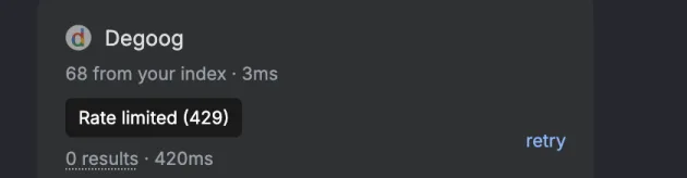 The engine list in the results sidebar. Degoog shows 57 from your index. Under it, a tooltip reading Rate limited (429) covers the next engine's name, whose line says 0 results with a dotted underline and has a retry link.