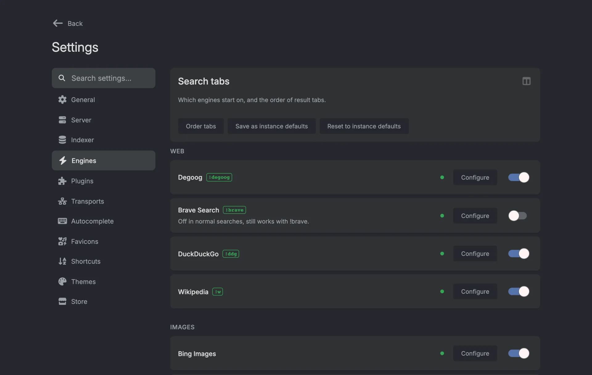 The Engines tab. Under Web, Degoog with its !degoog tag sits above Brave Search, DuckDuckGo and Wikipedia. Brave Search is switched off and reads Off in normal searches, still works with !brave.