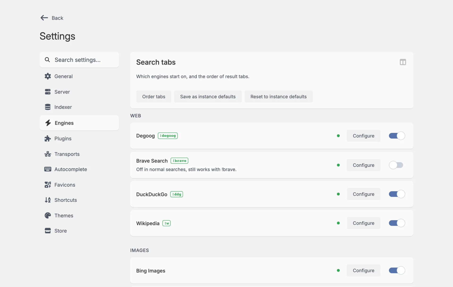 The Engines tab. Under Web, Degoog with its !degoog tag sits above Brave Search, DuckDuckGo and Wikipedia. Brave Search is switched off and reads Off in normal searches, still works with !brave.