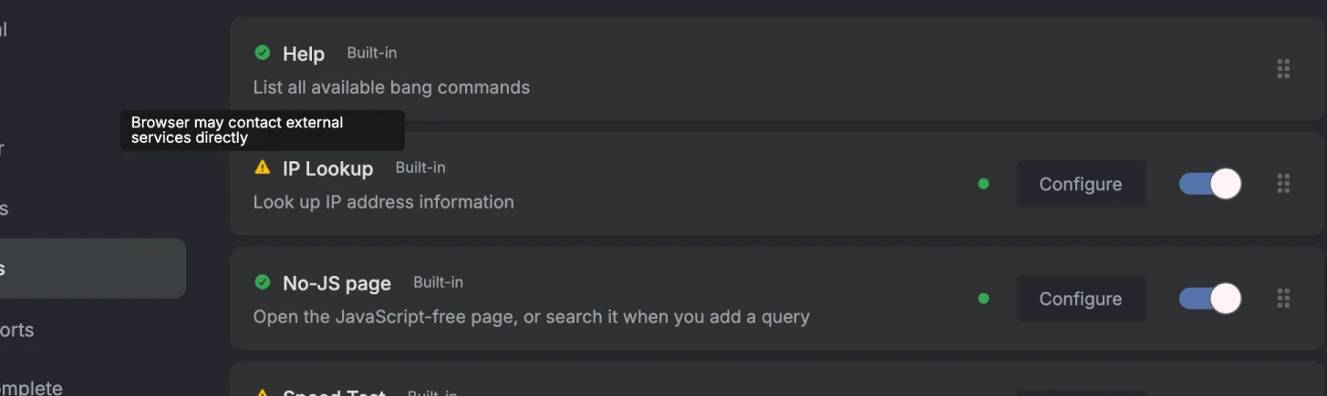 The Plugins tab. Help and No-JS page have a green tick before their name. IP Lookup has a yellow warning triangle, and hovering it shows the tooltip Browser may contact external services directly.