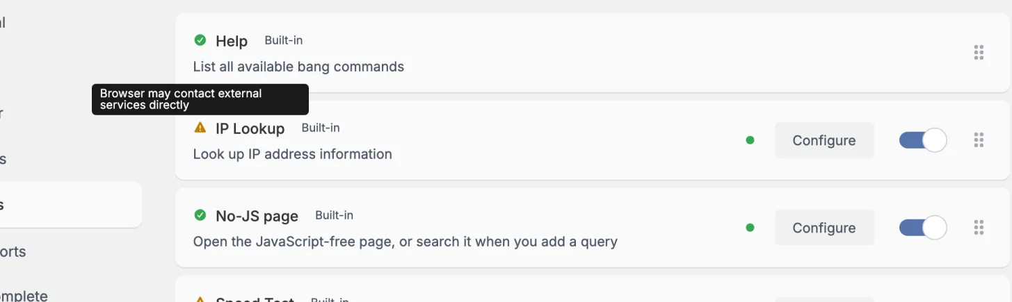 The Plugins tab. Help and No-JS page have a green tick before their name. IP Lookup has a yellow warning triangle, and hovering it shows the tooltip Browser may contact external services directly.