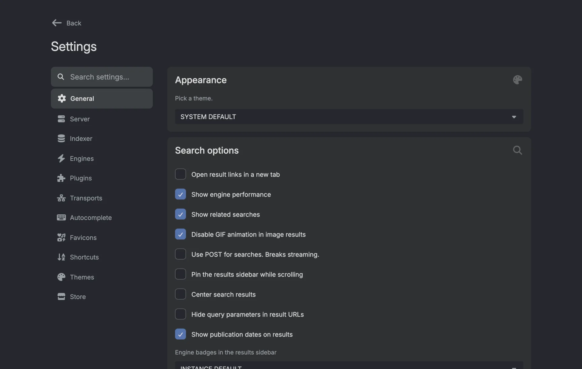 The General tab of settings. The left menu lists General, Server, Indexer, Engines, Plugins, Transports, Autocomplete, Favicons, Shortcuts, Themes and Store. On the right are the Appearance theme picker and the Search options checkboxes.