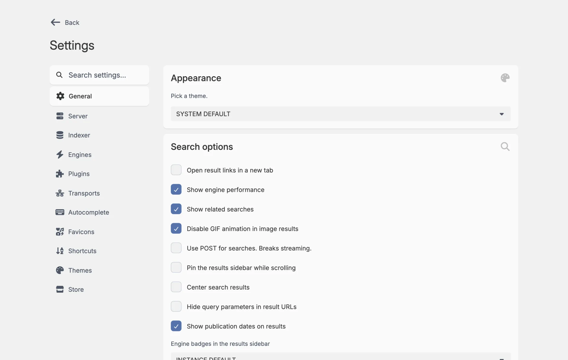 The General tab of settings. The left menu lists General, Server, Indexer, Engines, Plugins, Transports, Autocomplete, Favicons, Shortcuts, Themes and Store. On the right are the Appearance theme picker and the Search options checkboxes.