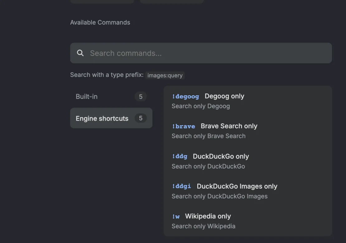 The same !help output with Engine shortcuts selected, listing !degoog Degoog only, !brave Brave Search only, !ddg DuckDuckGo only, !ddgi DuckDuckGo Images only and !w Wikipedia only.