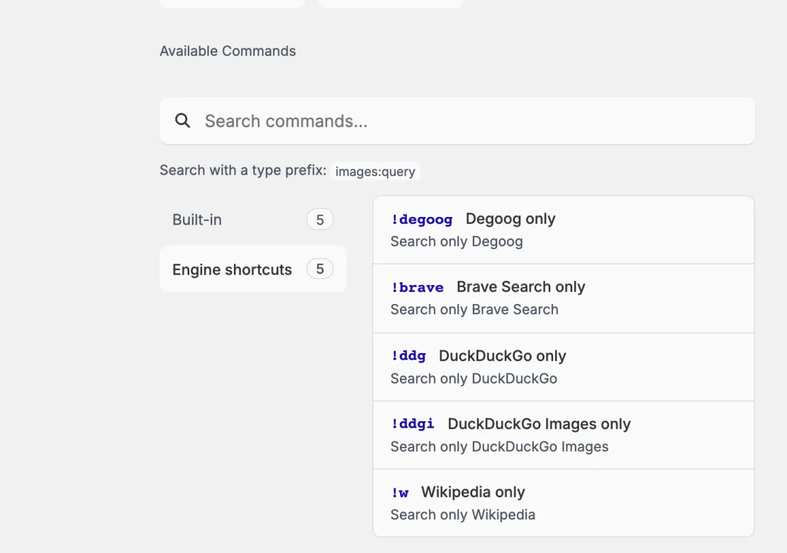 The same !help output with Engine shortcuts selected, listing !degoog Degoog only, !brave Brave Search only, !ddg DuckDuckGo only, !ddgi DuckDuckGo Images only and !w Wikipedia only.