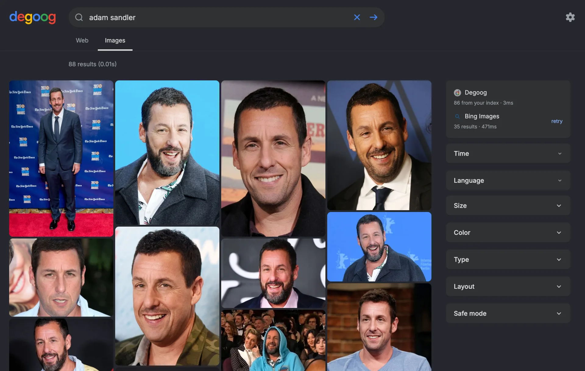 The Images tab for adam sandler. A grid of photos of Adam Sandler fills the left. The sidebar on the right lists Degoog with 57 from your index and Bing Images with 35 results, then Time, Language, Size, Color, Type, Layout and Safe mode drop-downs.