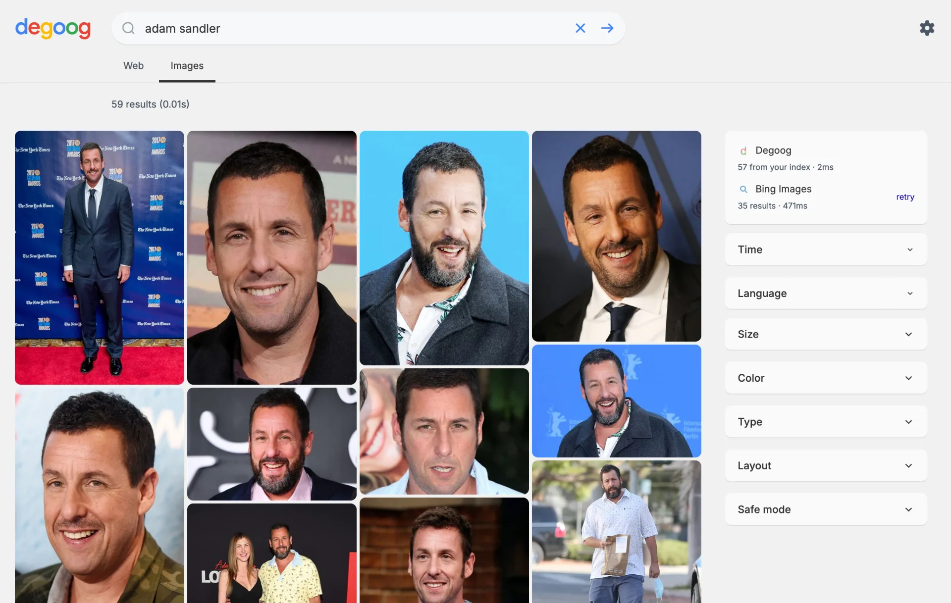 The Images tab for adam sandler. A grid of photos of Adam Sandler fills the left. The sidebar on the right lists Degoog with 57 from your index and Bing Images with 35 results, then Time, Language, Size, Color, Type, Layout and Safe mode drop-downs.