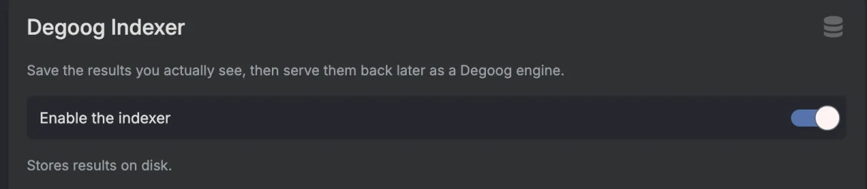 The Degoog Indexer section of the Server tab, with the Enable the indexer switch on and the note Stores results on disk.