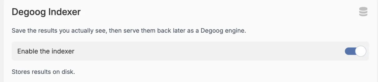 The Degoog Indexer section of the Server tab, with the Enable the indexer switch on and the note Stores results on disk.