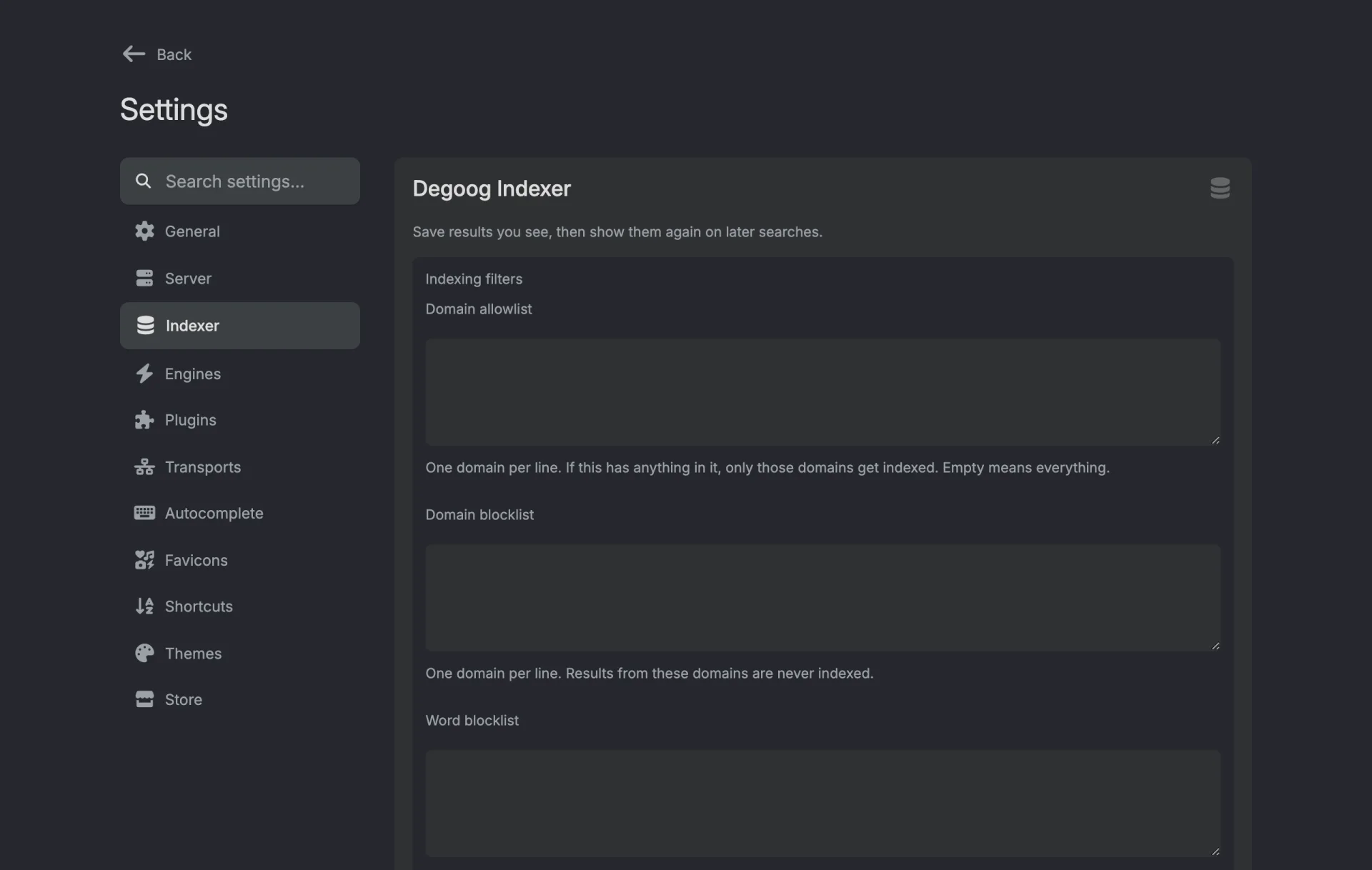 The Indexer tab, selected in the settings sidebar between Server and Engines. It opens on the Indexing filters with empty Domain allowlist, Domain blocklist and Word blocklist boxes.