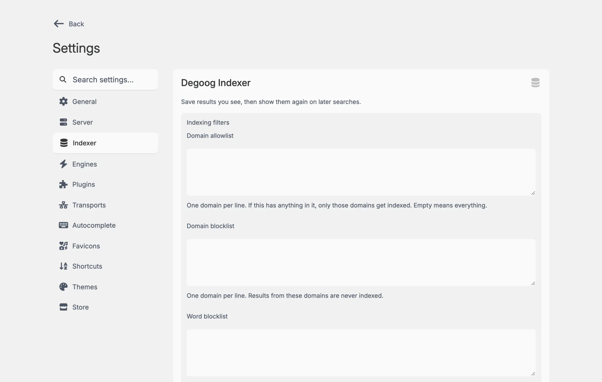 The Indexer tab, selected in the settings sidebar between Server and Engines. It opens on the Indexing filters with empty Domain allowlist, Domain blocklist and Word blocklist boxes.
