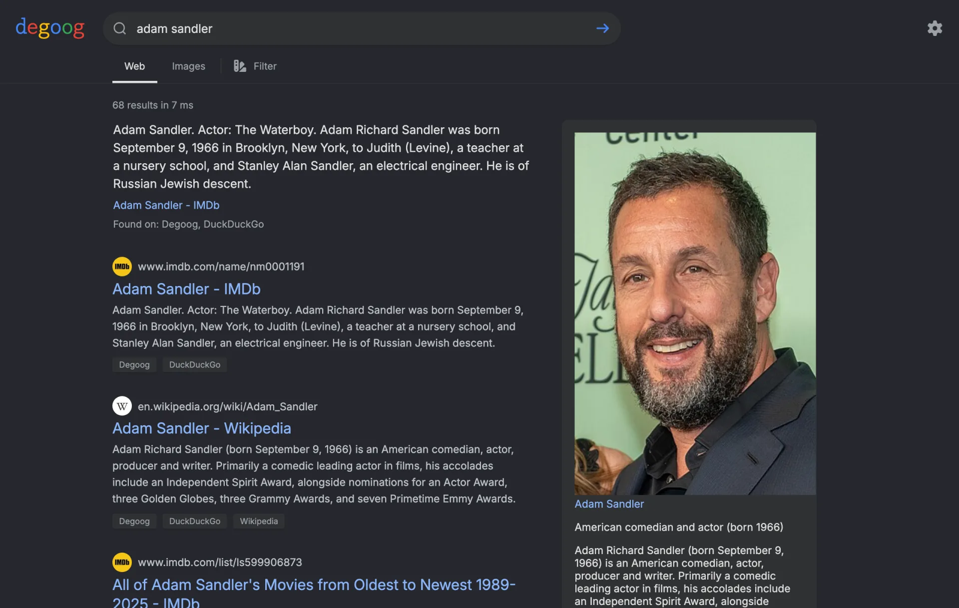 The no-JS results page for adam sandler. It has the same logo, search box, Web and Images tabs and Filter link as the normal page. IMDb and Wikipedia results carry their engine tags, and a Wikipedia card with a large photo sits on the right.