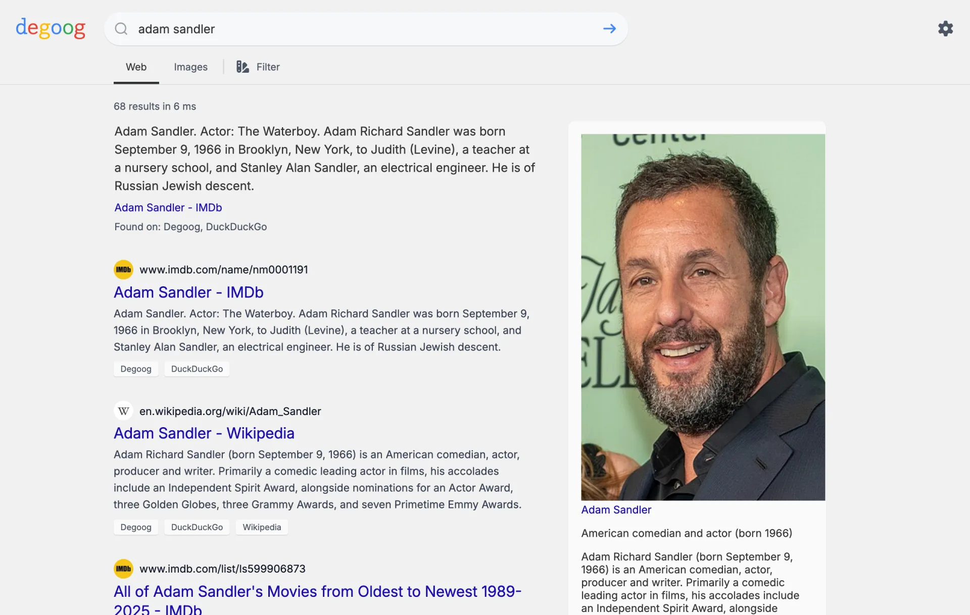 The no-JS results page for adam sandler. It has the same logo, search box, Web and Images tabs and Filter link as the normal page. IMDb and Wikipedia results carry their engine tags, and a Wikipedia card with a large photo sits on the right.