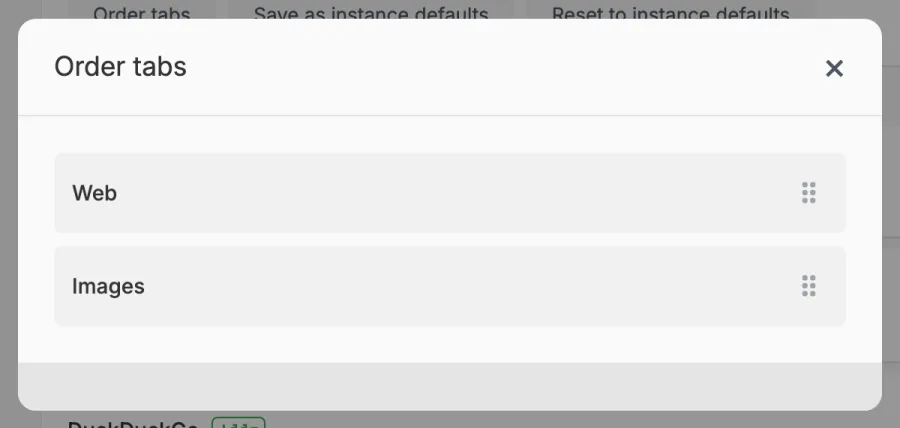 The Order tabs window with two rows, Web and Images, each with a drag handle on the right.