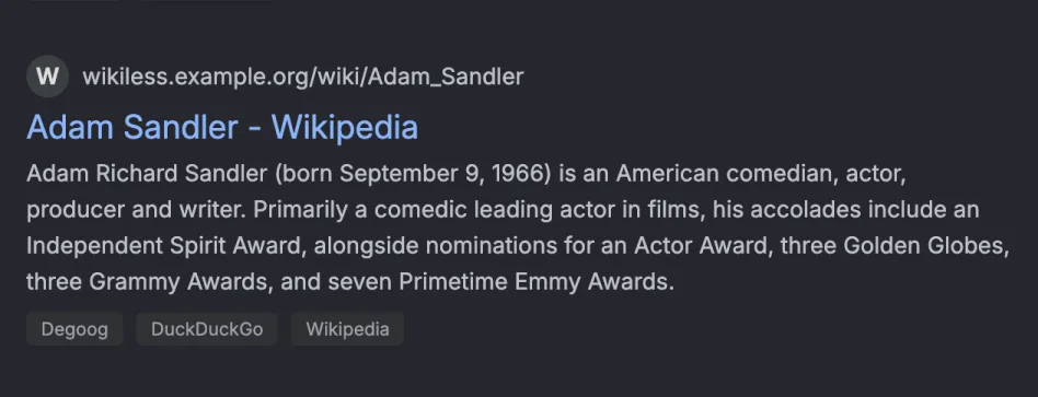 The Adam Sandler Wikipedia result, now showing the address wikiless.example.org/wiki/Adam_Sandler.