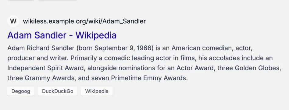 The Adam Sandler Wikipedia result, now showing the address wikiless.example.org/wiki/Adam_Sandler.