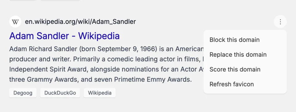 The three dots menu open on the Adam Sandler Wikipedia result, with Block this domain, Replace this domain, Score this domain and Refresh favicon.