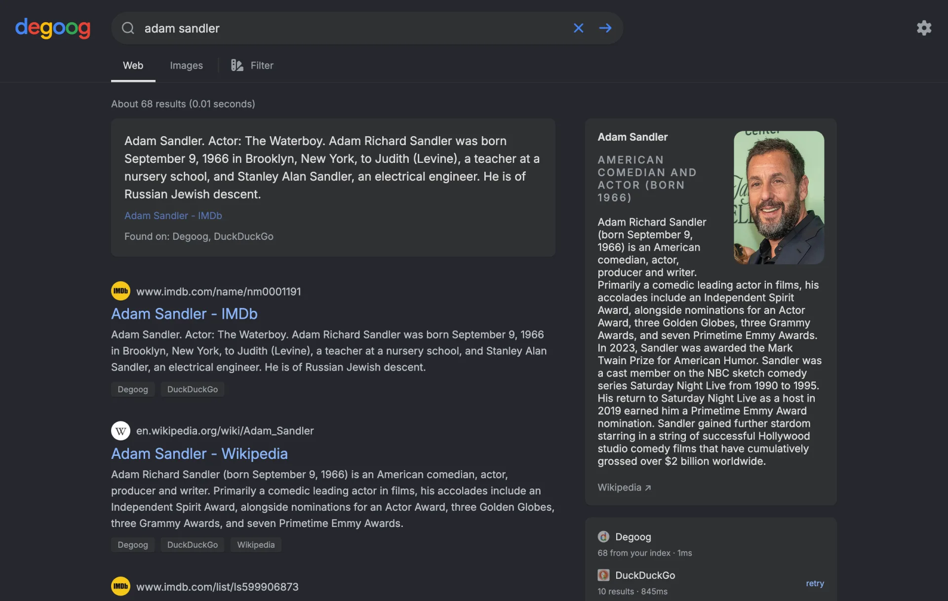 Results for adam sandler. Web and Images tabs and a Filter button at the top. An At a glance box quotes IMDb, then the Adam Sandler IMDb and Wikipedia results with their engine tags. A Wikipedia card with his photo sits on the right, above the engine timings.