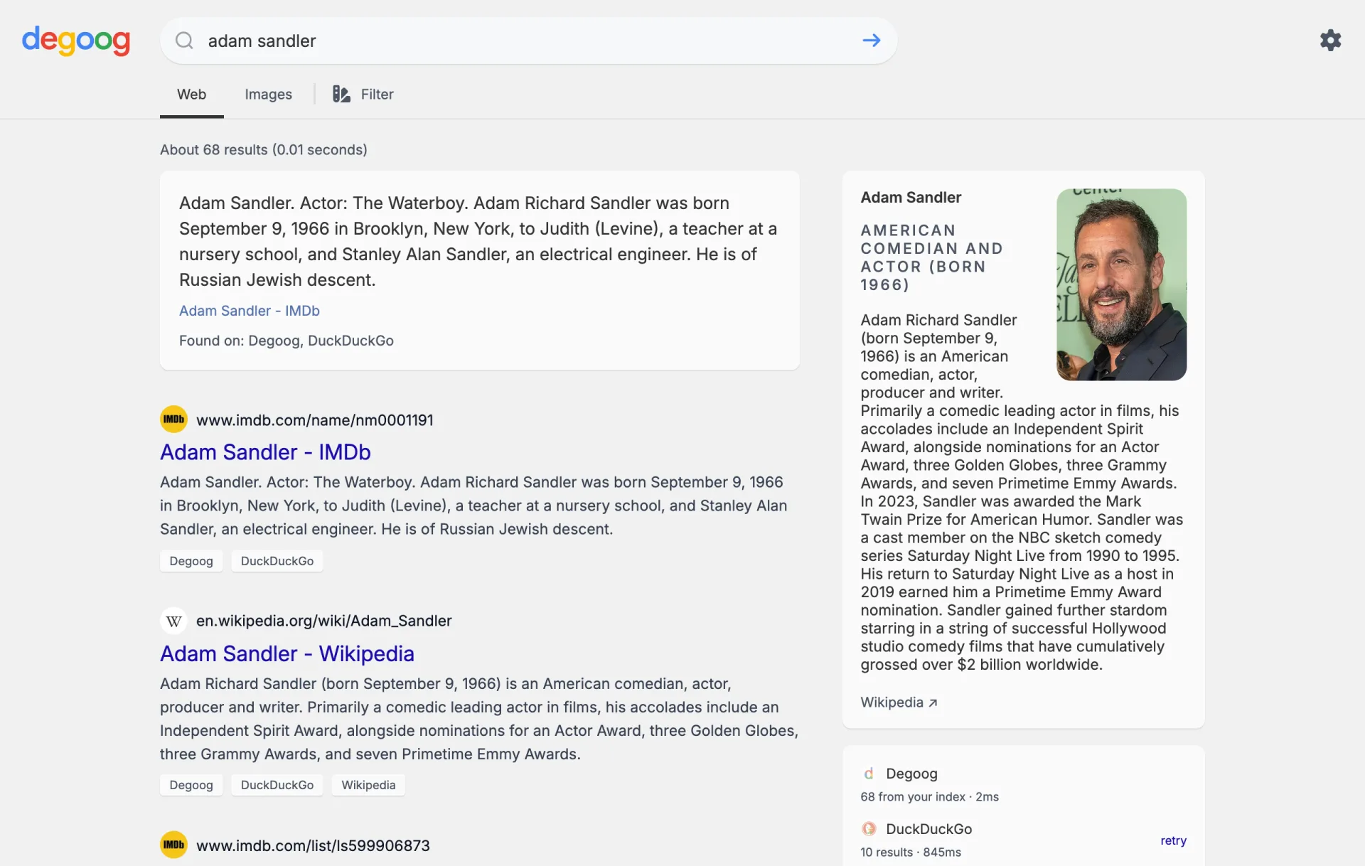 Results for adam sandler. Web and Images tabs and a Filter button at the top. An At a glance box quotes IMDb, then the Adam Sandler IMDb and Wikipedia results with their engine tags. A Wikipedia card with his photo sits on the right, above the engine timings.