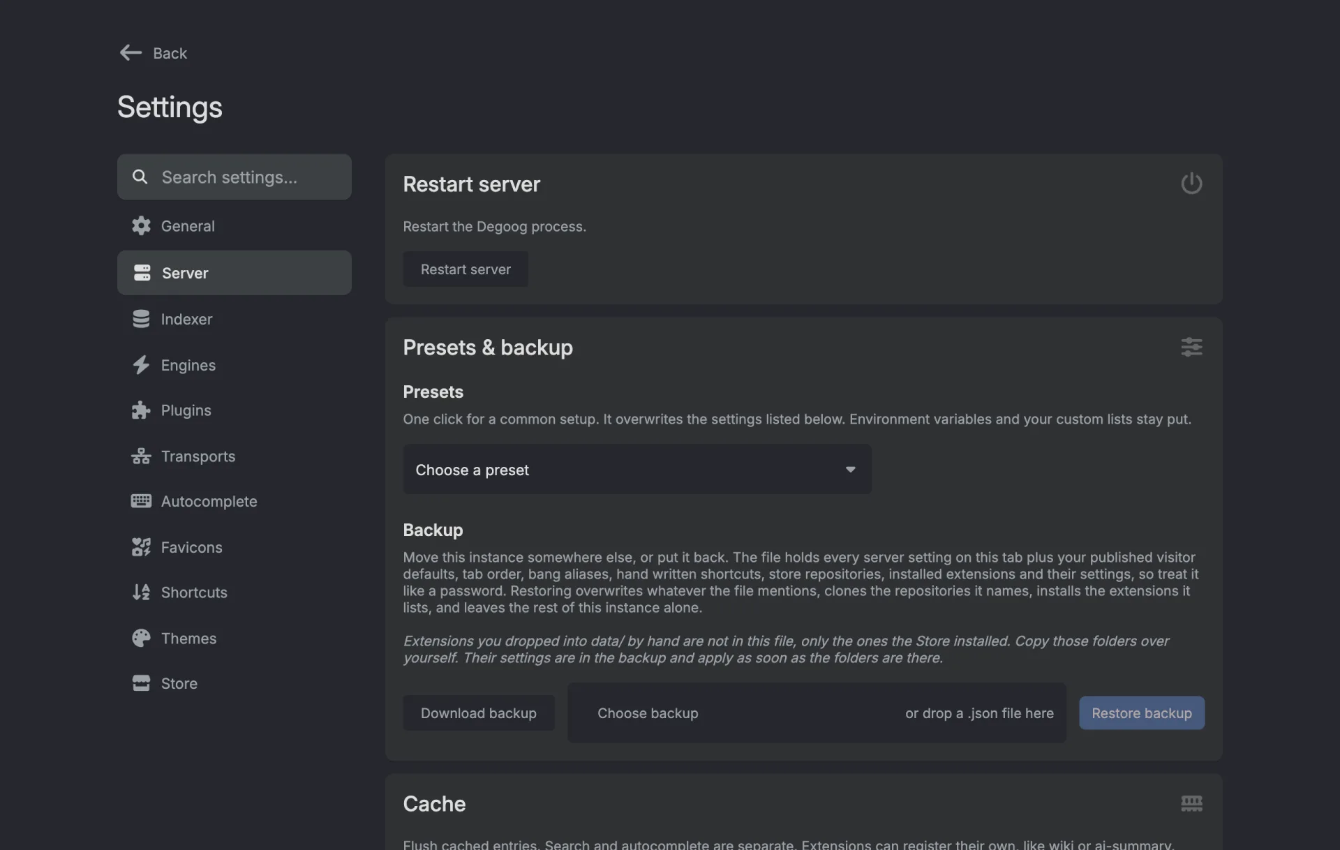 The Server tab in settings. The Restart server box is at the top, then Presets and backup with a Choose a preset drop-down, Download backup, a file drop area and Restore backup, and the start of the Cache box.