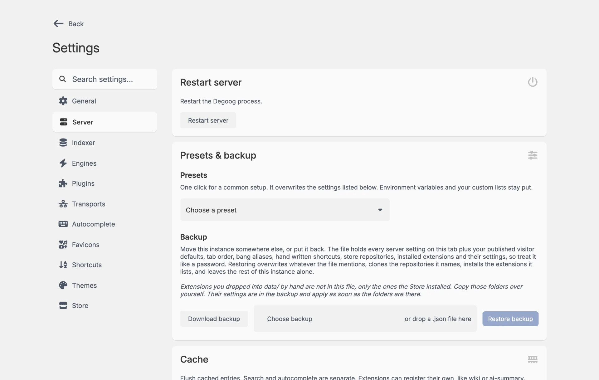 The Server tab in settings. The Restart server box is at the top, then Presets and backup with a Choose a preset drop-down, Download backup, a file drop area and Restore backup, and the start of the Cache box.