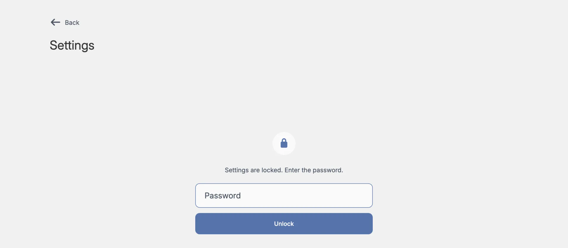 The settings page with a lock icon, the text 'Settings are locked. Enter the password.', a password box and an Unlock button.