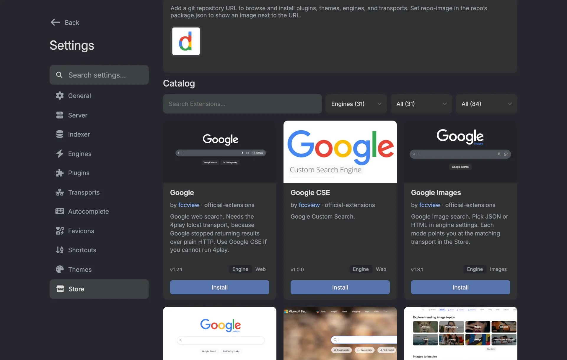 The Store catalog filtered to Engines (31). Cards for Google, Google CSE and Google Images each have a blue Install button, with more engines below.