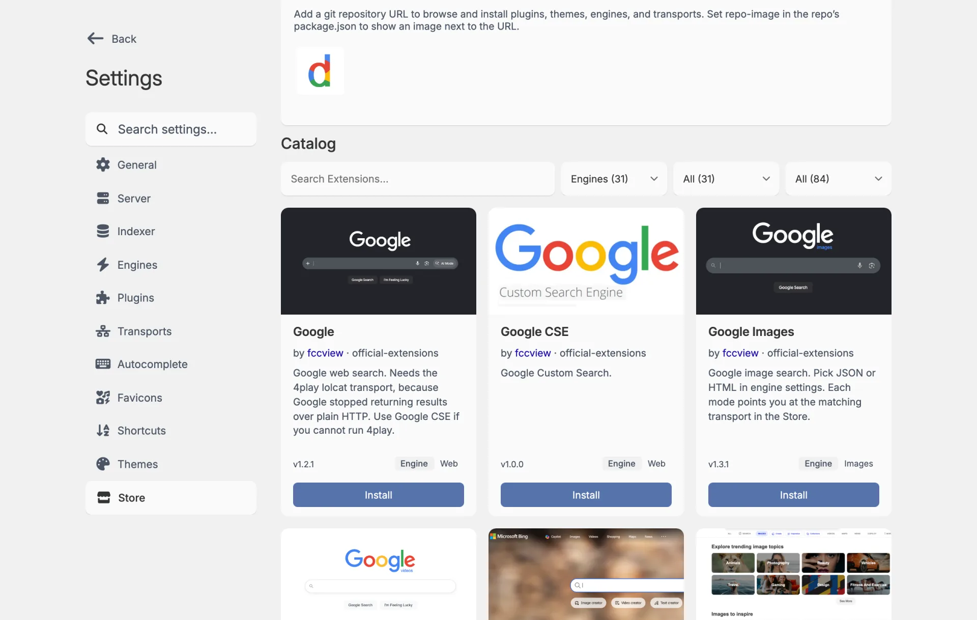 The Store catalog filtered to Engines (31). Cards for Google, Google CSE and Google Images each have a blue Install button, with more engines below.