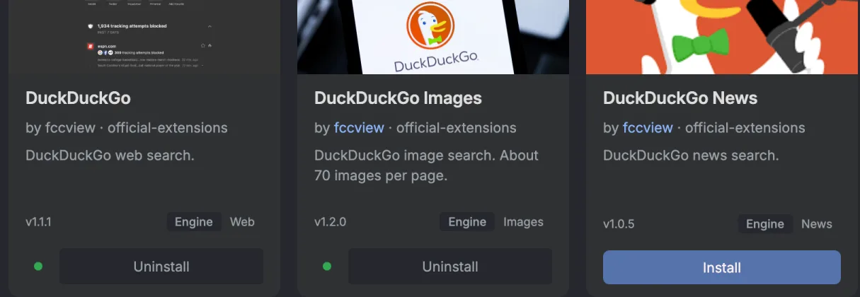 Three Store cards. DuckDuckGo and DuckDuckGo Images show a green dot and an Uninstall button. DuckDuckGo News still has a blue Install button.