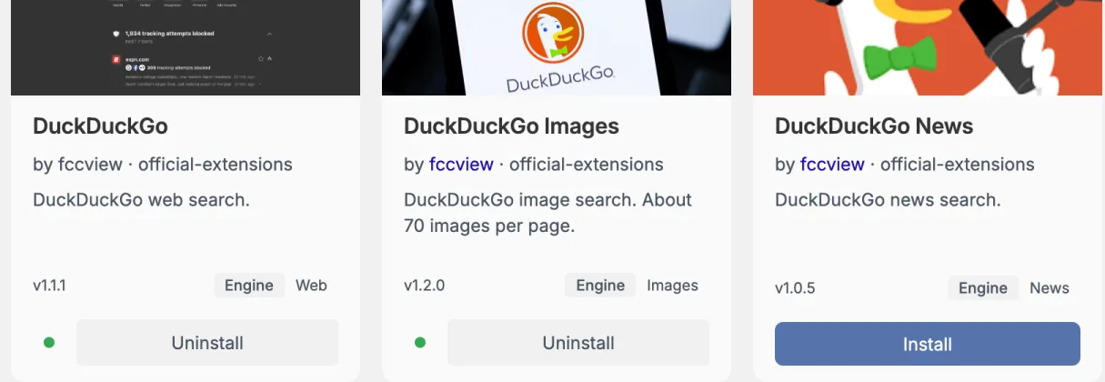 Three Store cards. DuckDuckGo and DuckDuckGo Images show a green dot and an Uninstall button. DuckDuckGo News still has a blue Install button.