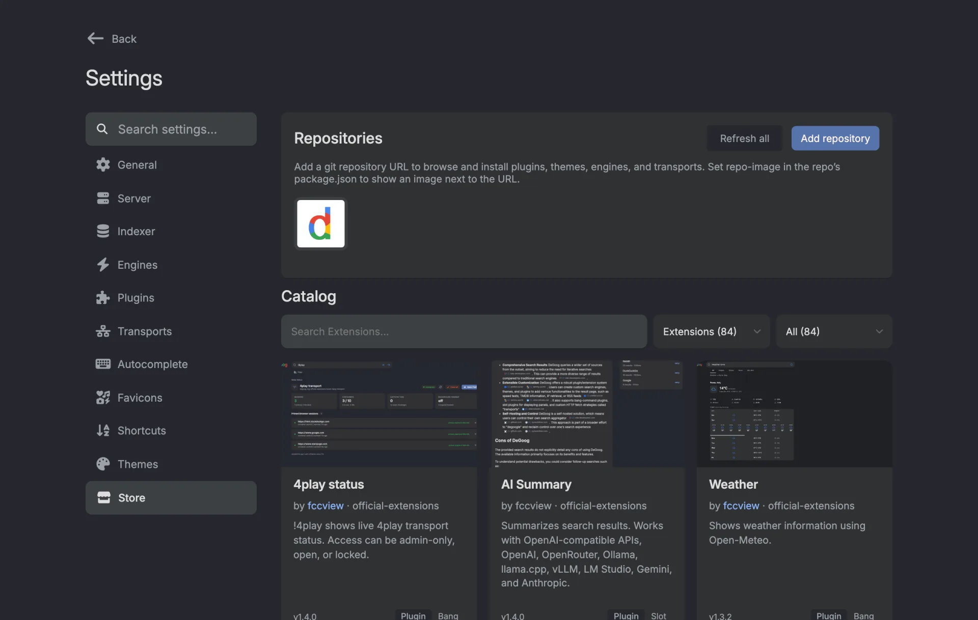 The Store tab in settings. A Repositories box at the top has Refresh all and Add repository buttons and the official repository logo. Below it, the Catalog has a search box, two drop-downs and cards for 4play status, AI Summary and Weather.