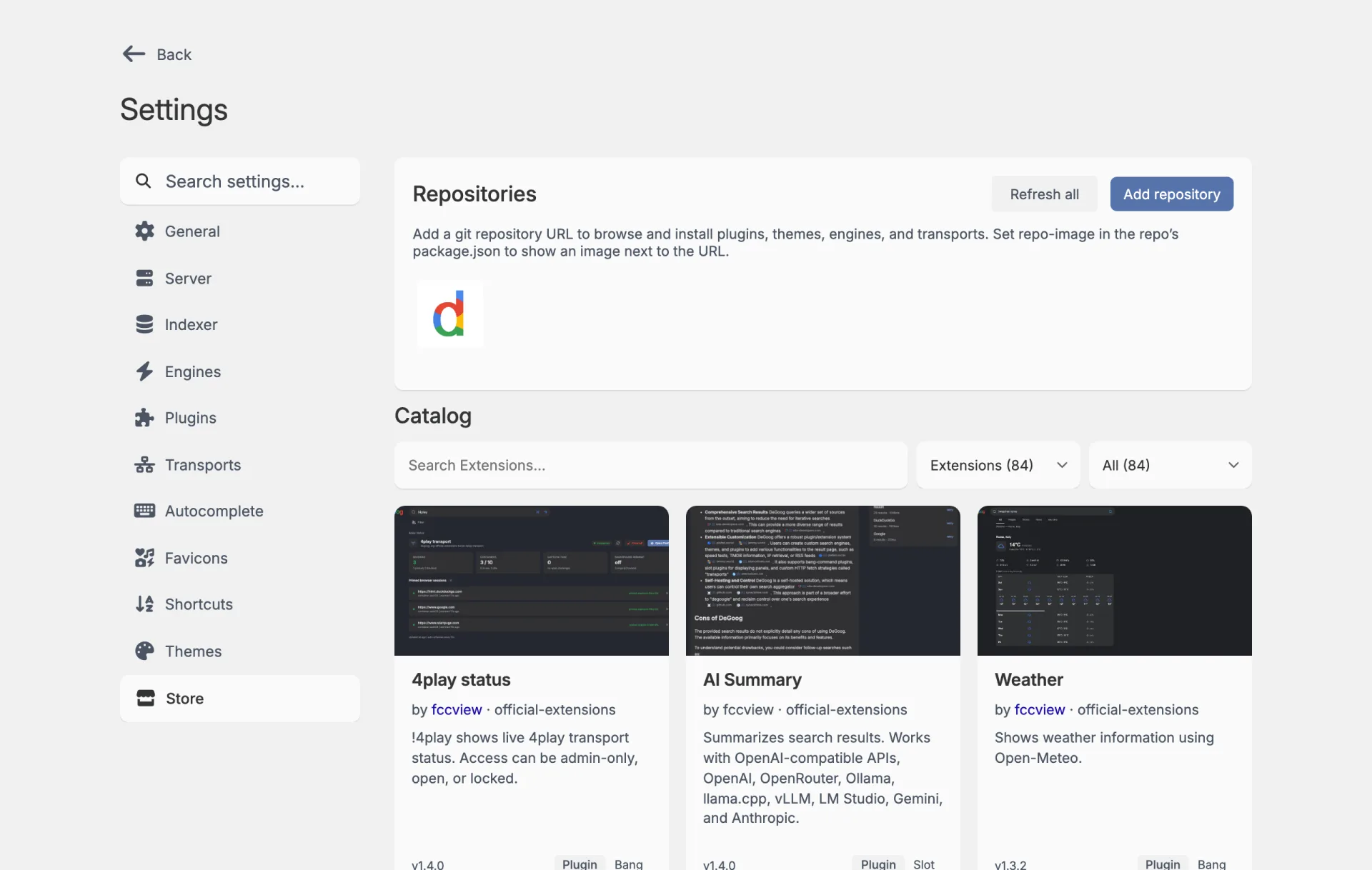 The Store tab in settings. A Repositories box at the top has Refresh all and Add repository buttons and the official repository logo. Below it, the Catalog has a search box, two drop-downs and cards for 4play status, AI Summary and Weather.