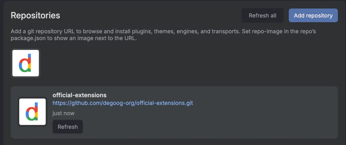 The Repositories box after clicking the official logo. Below the logo it shows official-extensions, the URL https://github.com/degoog-org/official-extensions.git, the text just now and a Refresh button.