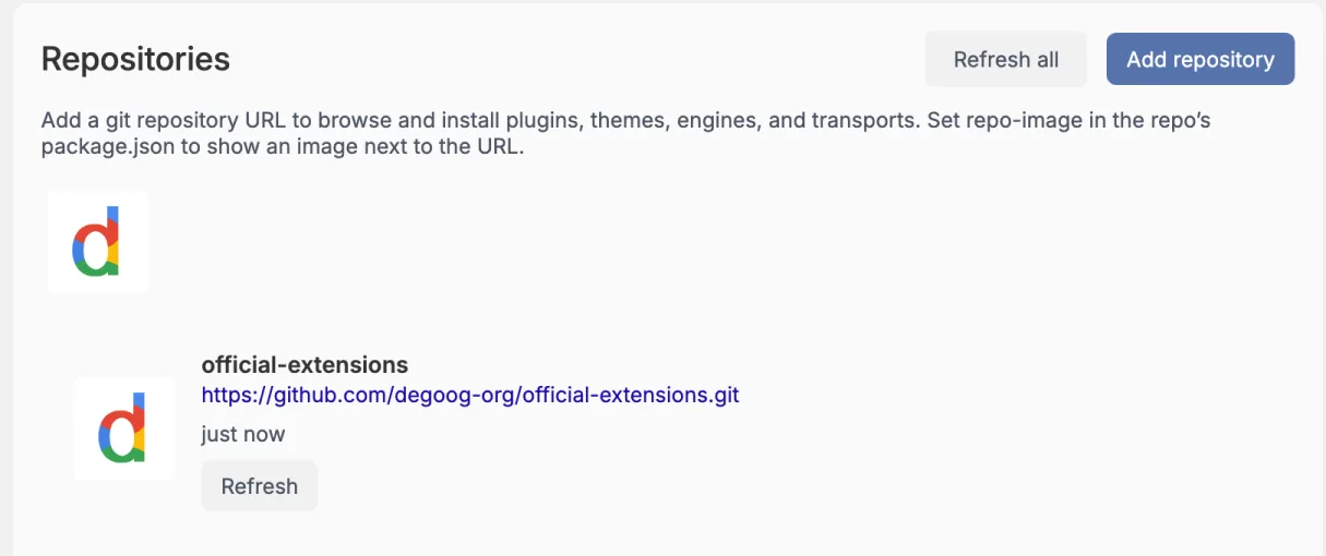 The Repositories box after clicking the official logo. Below the logo it shows official-extensions, the URL https://github.com/degoog-org/official-extensions.git, the text just now and a Refresh button.