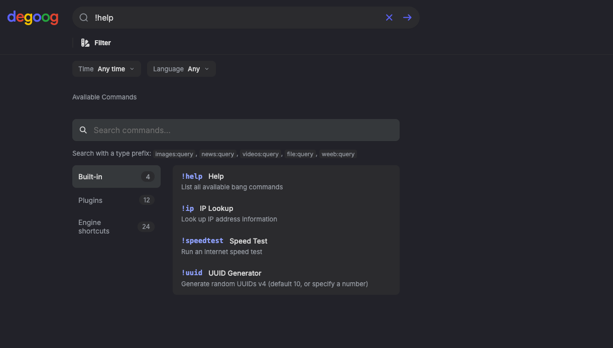 The !help command output