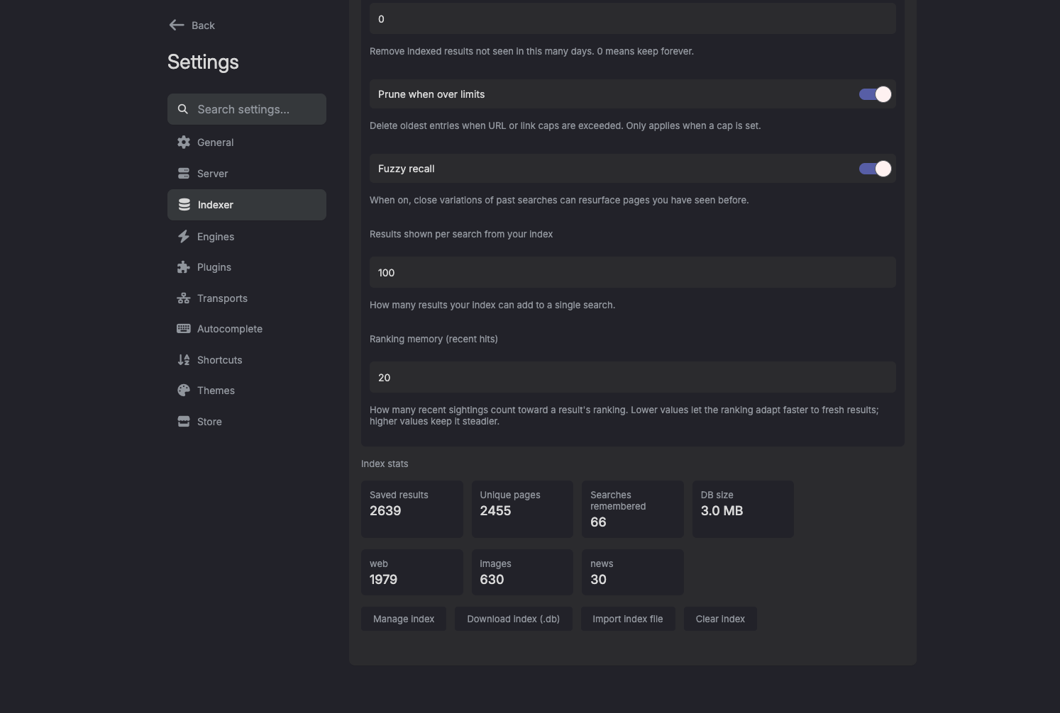 The Indexer tab, with filters, limits, and index stats.