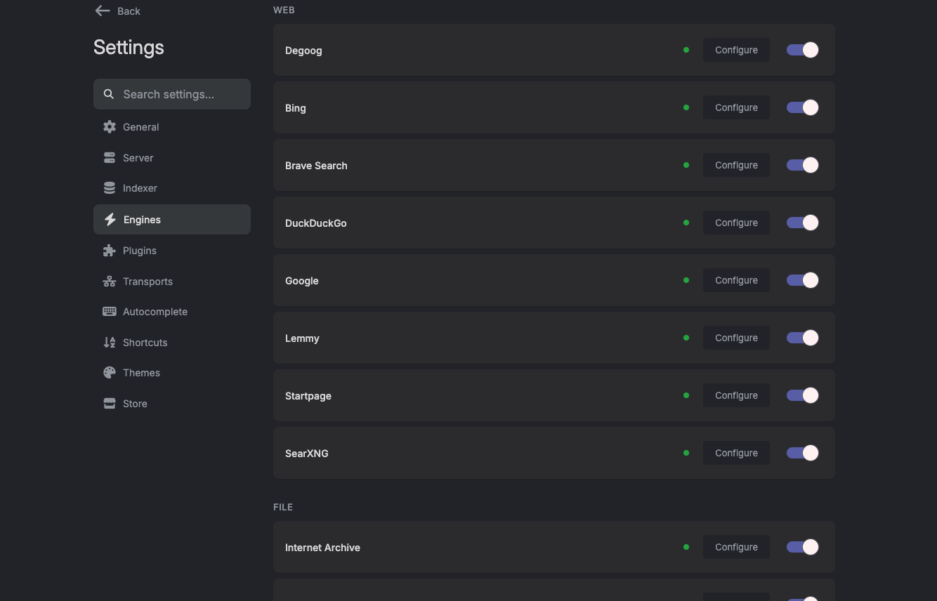 The Engines tab, with engines grouped by search type.