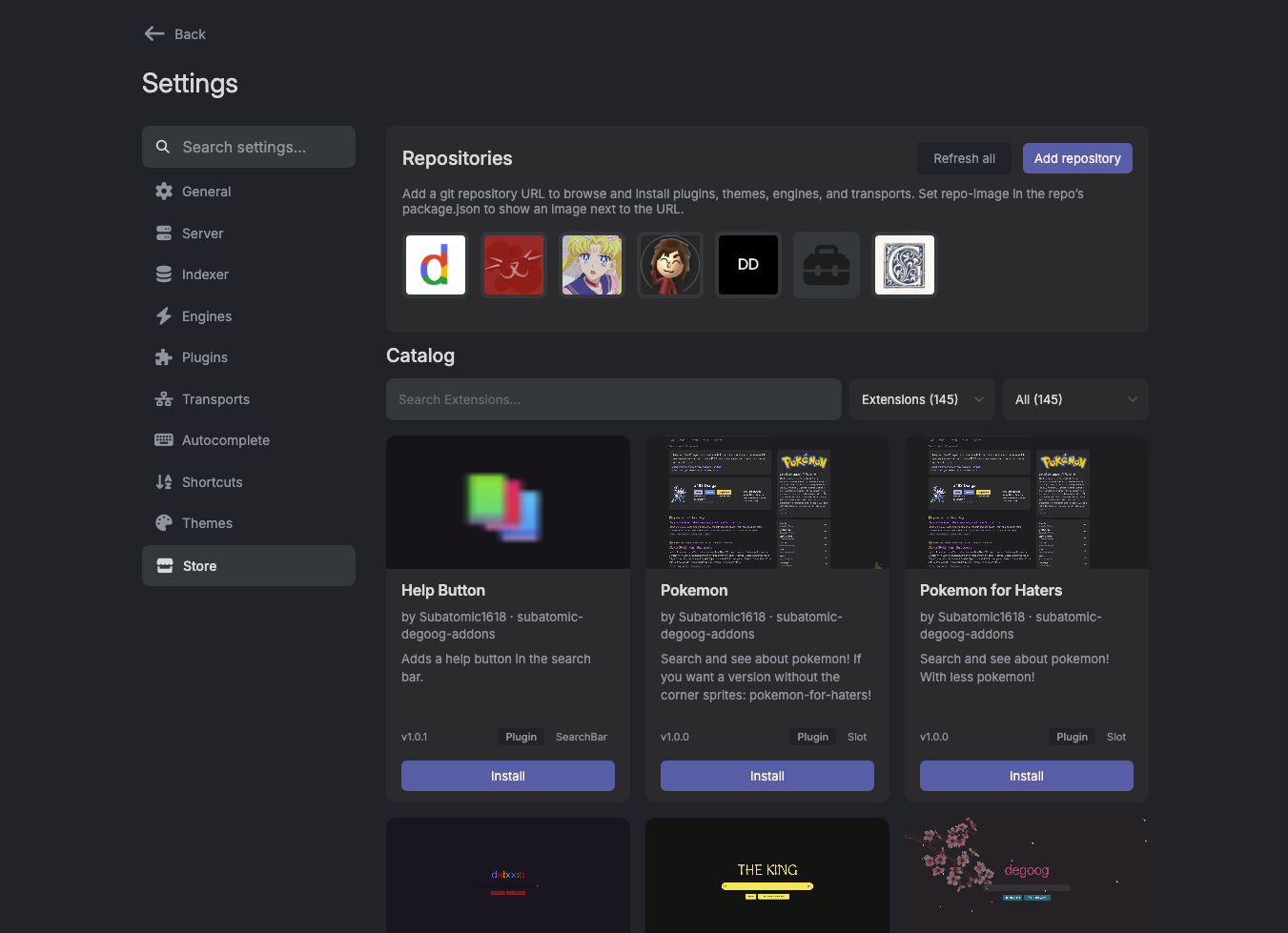 The Store tab: repositories on top, catalogue underneath.