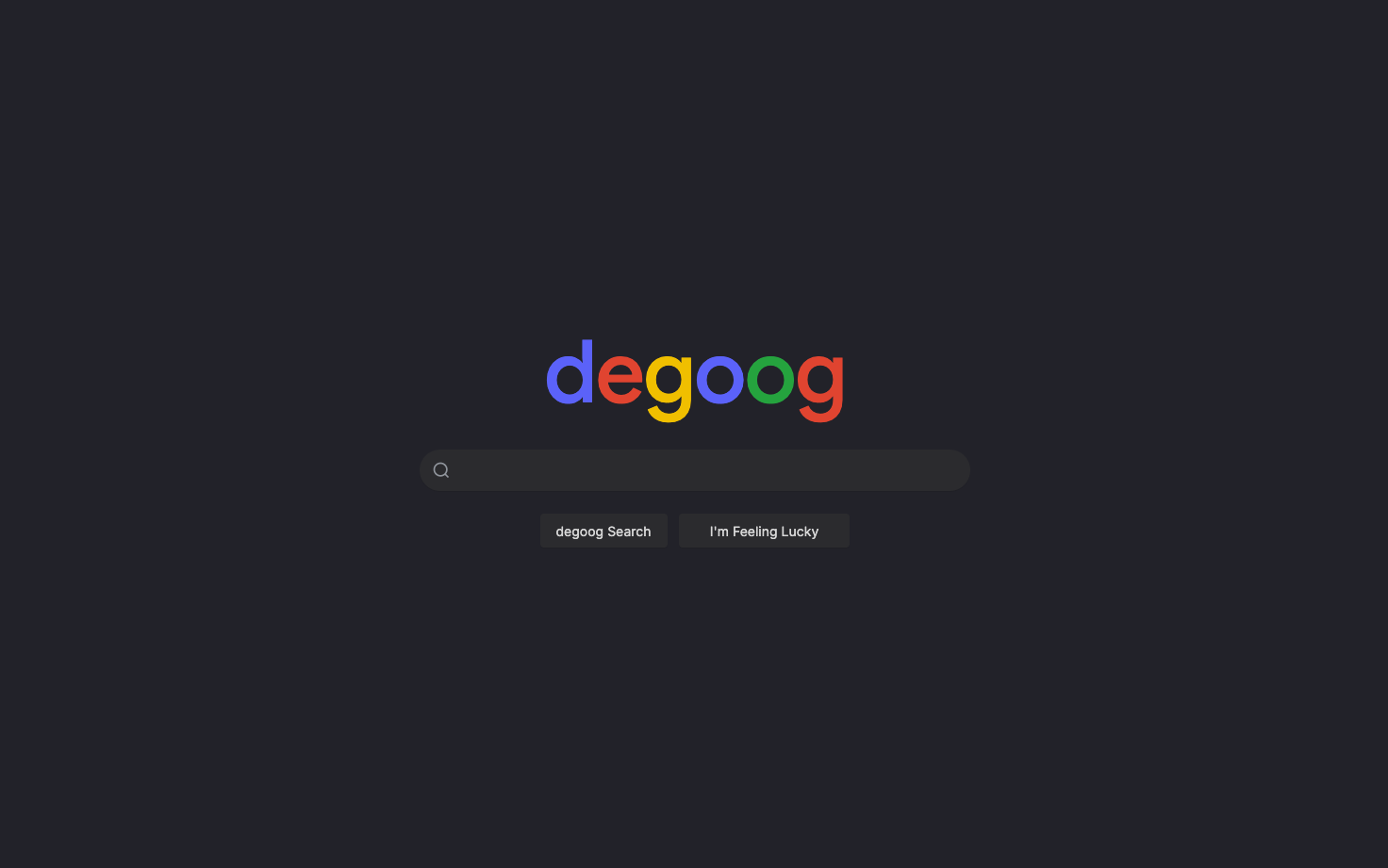 The Degoog home page with the search box, settings entry point, and extension areas visible.